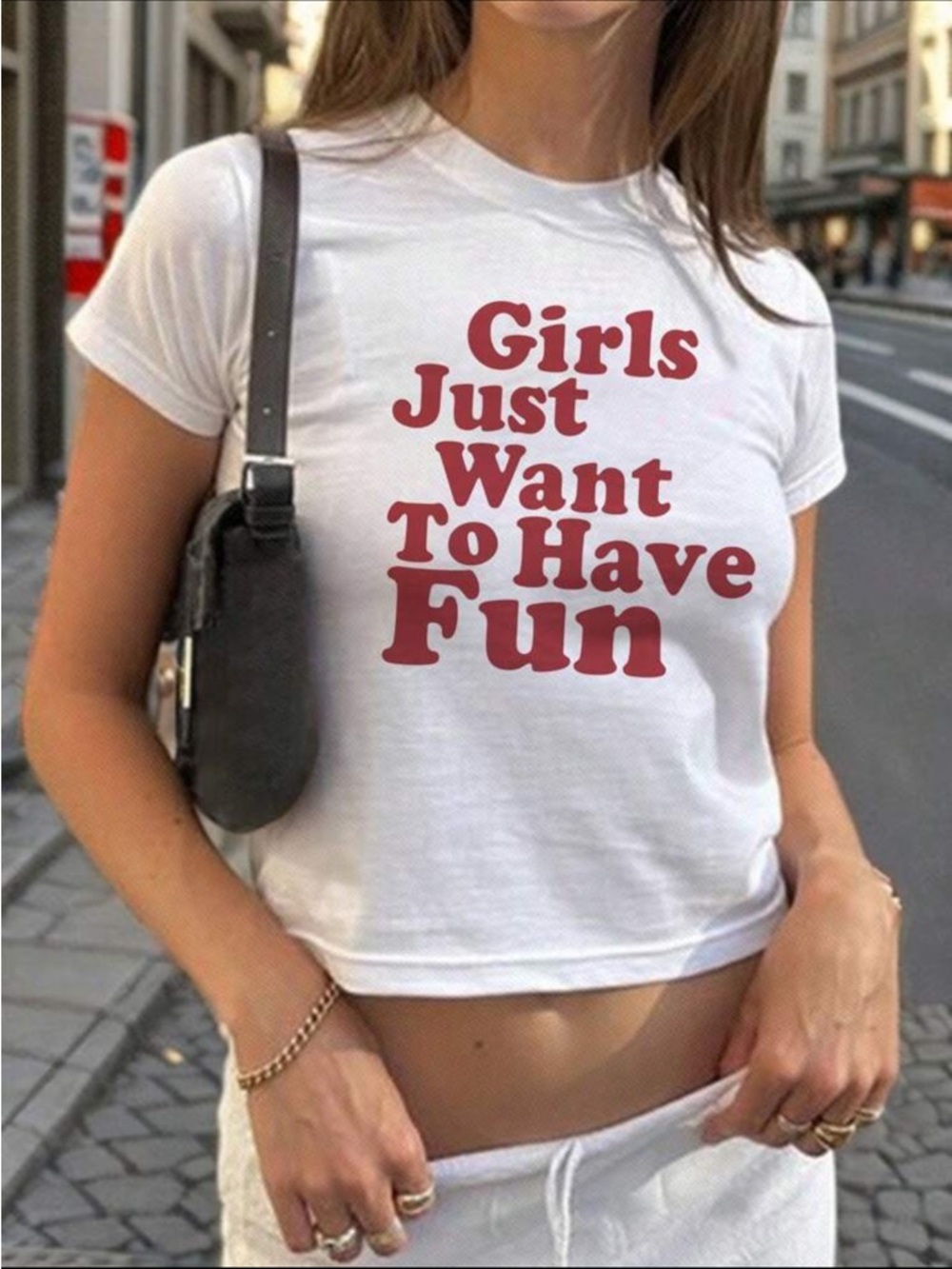 White Crop Tee with Red 'Girls Just Want To Have Fun' Graphic
